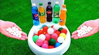 Satisfying Video l Toys Ball & Coca Cola , Fanta , Sprite , Pepsi , 7Up vs Mentos in the Toilet