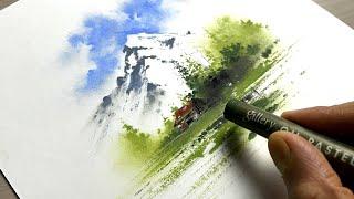 Amazing mountain scenery with oil pastels - full tutorial video