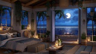 Ocean Waves Sounds At Night ️Crackling Fire Sounds & Ocean Waves For Sleep In a Cozy Island Retreat