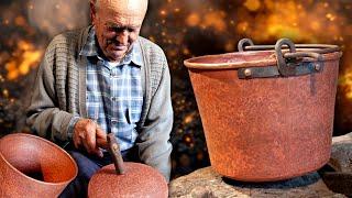 The boilermaker. Transformation of a copper sheet into a handmade cauldron with the blow of a hammer