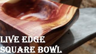 square bowl from a log on the lathe (Live Edge) | woodturning