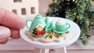 Miniature Christmas tea set in mint colorPolymer clay