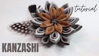 Kanzashi flower with feathers | kanzashi tutorial | fabric flower