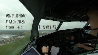 Landing runway 23 Groningen Airport Eelde (GRQ EHGG) as seen from the cockpit of a Boeing 737.