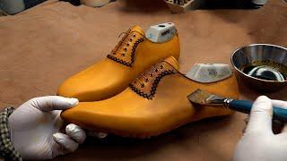 Process of Making a Handmade Golf Shoes with Natural Cow Leather by a Korean Shoe Maker.