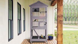 Aivituvin Wooden Large Bird Cage House on Wheels for Parakeet,Parrot, Cockatiel,Lovebirds AIR42