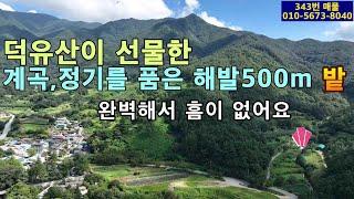 (343번 매물)해발500m.무공해 계곡 100m 접.한여름도 밤에는 선선.도로와 전기 확실.밭510평(분할매도 가능).작은농막과 하우스시설(청계사육)있음.사과,배,감 등 과수있음