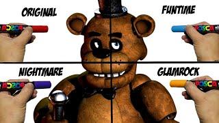 Drawing Freddy Fazbear From Five Nights At Freddys In 4 Different Styles With POSCA Markers!