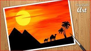 Simple painting of Egypt Pyramids and camels in desert || step by step - poster colors for beginners