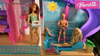 Barbie and Ken Sick Day in Barbie Dream House with Barbie Sister Chelsea Making Tea and Pool Fun