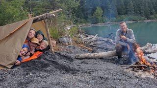 Camping in a Bushcraft Shelter with Newbies! Fishing, camping and campfire cooking in Alaska