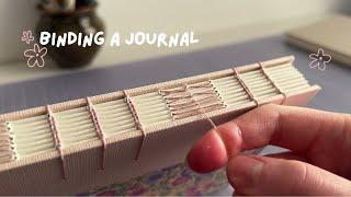 making a floral journal with interlaced hem stitch  soft gentle music and sounds of bookbinding