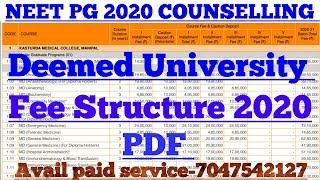 NEET PG 2020 Deemed university fee structure PDF