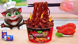 My Talking Tom in Real Life ️ Miniature Black Bean Noodles Spicy Octopus Recipe  Tina Mini Cooking