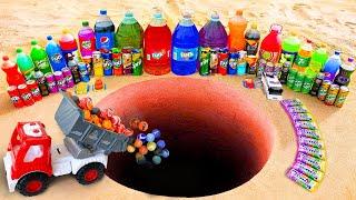 Experiment: Dump Truck of Coca Cola & Marbles, Pepsi, Fanta, Chupa Chups, 7up vs Mentos Underground