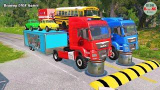 Double Flatbed Trailer Truck vs speed bumps|Busses vs speed bumps|Beamng Drive|961