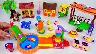 DIY How to make polymer clay miniature House, Kitchen set, Rickshaw, Doll, Hand pump, tree, Cow Shed