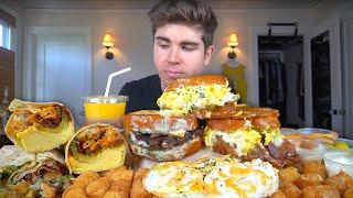 EATING KOREAN EGG SANDWICHES & Breakfast BURRITOS Mukbang + Loaded Tots ..ROUND 2!