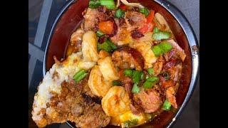 QUICK AND EASY CAJUN SHRIMP   & GRITS W/ FRIED CHICKEN 