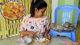 Greedy Monkey!! Monkey Kako Sleep On The Chair Eat Fried Eggs With Mushroom