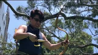 Traditional Archery-Crab Hornbow in the woods.