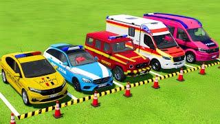 TRANSPORTING ALL POLICE CARS and AMBULANCE EMERGENCY VEHICLES WITH TRUCKS ! Farming Simulator 22