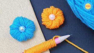 Shorts DIY Woolen Craft Ideas with Pencil - Flower Embroidery - No Crochet Flower - DIY Yarn Studio