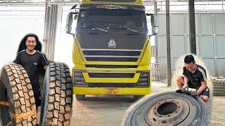 Rescue and change tire for 80-ton cargo tractor that had a flat tire on the road