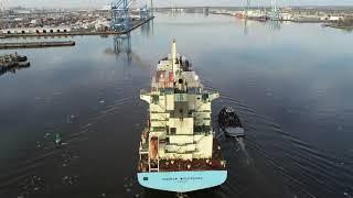 Aerial Drone Video of Cargo Ship Maersk Wolfsburg Delaware River Philadelphia.