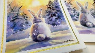 Watercolor Christmas Card Painting - A Bunny in a Winter Wonderland