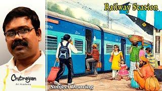 How To Draw Railway Station Drawing | Railway Station Drawing Watercolor | Railway Station Drawing