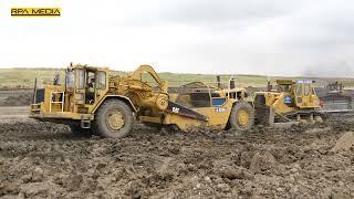 Classic Caterpillar earthmoving with 637 and 621 scrapers and D9 tractors