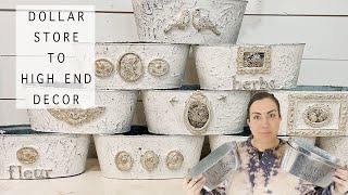 Dollar Store To High End Decor Artisan Metal Planter DIY With IOD Molds Salt Wash And Clay Paint