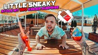 Little Sneaky Stole My BIG Kinder EGG! (Funny in REAL LIFE)