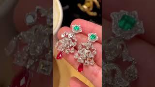 Wow, luxury vintage style~EMERALD & RUBY  & DIAMOND & 18K GOLD EARRINGS. We can ship worldwide