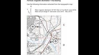 Geography Mapwork: Calculating  Magnetic declination and bearing exam question example.