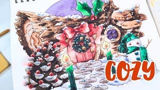 Lets Paint a Cozy Winter Holiday Yule Log House- Sketch, Ink, & Watercolor Tutorial Start to Finish