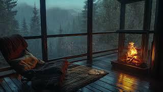 Forest Balcony Ambience - Rain On Window, Fireplace and Howling Winds Sound - Deep Sleep, Relaxation