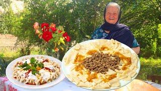 In my grandmother's garden, we cooked dough DISHES MANTI, GİRL, LEAF KHANGAL