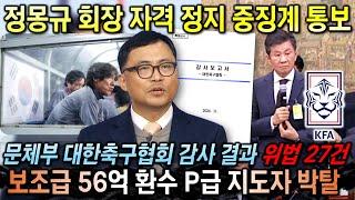 문체부 중징계 정몽규 대한축구협회장 자격 정지 '56억 환수 + 대표팀 감독 재선임 통보'