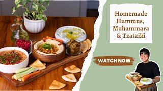 Dips 3 ways! Hummus, Muhammara & Tzatziki at home! हुम्मुस, मुहाम्मरा, ट्ज़ट्ज़िकी - घरपे बनाये