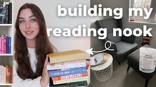 building a reading nook + cozy reading corner DIY makeover & setting up my bookshelf! 