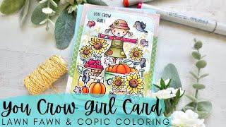 You Crow Girl Card | Lawn Fawn NEW RELEASE | Copic Coloring a Festive Fall Scene