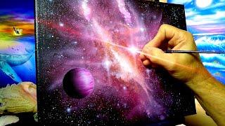 Acrylic Galaxy outer space painting with stars and a planet red nebula step-by-step