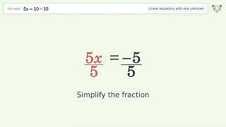 Linear equation with one unknown: Solve 5x=10-15 step-by-step solution