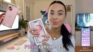 PINK iphone 15 plus unboxing, hands on + iOS 17 customisation ⋆˚˖°