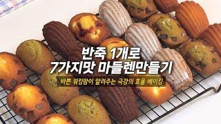 한가지 반죽으로 마들렌 7가지맛 대량생산 홈베이킹 브이로그 / 선물하기 좋은 마들렌 만들기 / 레몬, 얼그레이, 초코, 말차, 시나몬, 소금초코, 말차초코