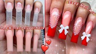 RED WINTER POLYGEL NAILS️ POLYGEL APPLICATION & EASY NAIL ART! | Nail Tutorial