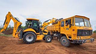 Mahindra Backhoe Loader Loading Brick Debris in Truck and New Bridge Foundation Mud Filling | Jcb