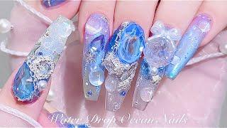 sub) Clear Water Drop Sea Nails!/Korean Nails / Extension nails / Nail art / Self-nails / ASMR